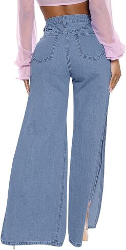 Women High Rise Slit Split Hem Bootcut Distressed Blue Flare Jeans Ripped Hole Denim Pants in Saudi Arabia