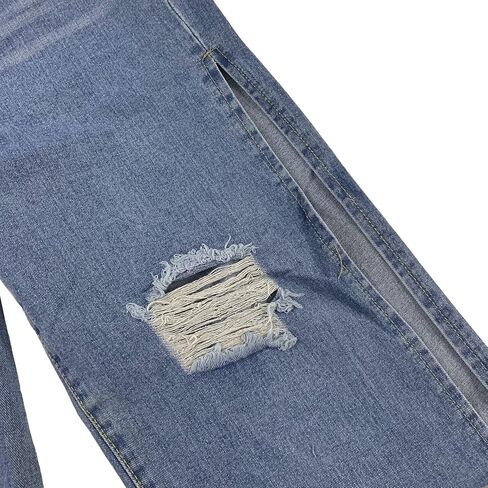 Women High Rise Slit Split Hem Bootcut Distressed Blue Flare Jeans Ripped Hole Denim Pants in Saudi Arabia