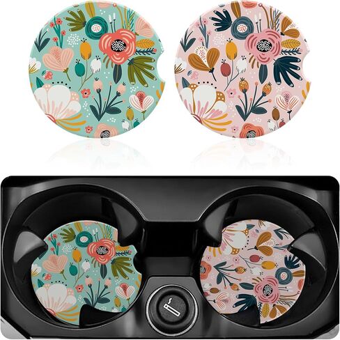 Car Cup Holder Coaster for Drinks,2 Pack Car Coasters for Cup Holder,Colorful Flowers and Berries Anti-Slip Absorbent Ceramic Car Cup Coasters with Cork Base for Drinks Coffee Women Men 2.56" in Saudi Arabia