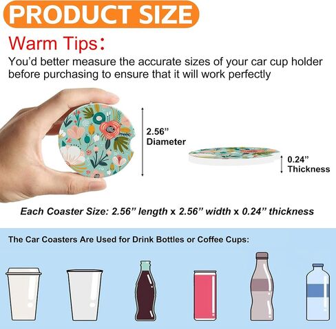 Car Cup Holder Coaster for Drinks,2 Pack Car Coasters for Cup Holder,Colorful Flowers and Berries Anti-Slip Absorbent Ceramic Car Cup Coasters with Cork Base for Drinks Coffee Women Men 2.56" in Saudi Arabia