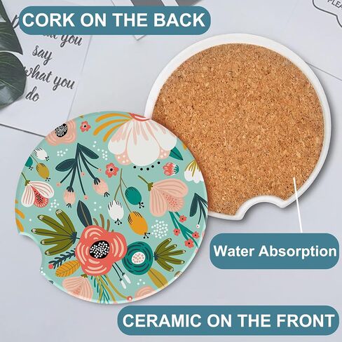 Car Cup Holder Coaster for Drinks,2 Pack Car Coasters for Cup Holder,Colorful Flowers and Berries Anti-Slip Absorbent Ceramic Car Cup Coasters with Cork Base for Drinks Coffee Women Men 2.56" in Saudi Arabia