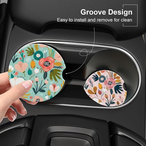 Car Cup Holder Coaster for Drinks,2 Pack Car Coasters for Cup Holder,Colorful Flowers and Berries Anti-Slip Absorbent Ceramic Car Cup Coasters with Cork Base for Drinks Coffee Women Men 2.56" in Saudi Arabia