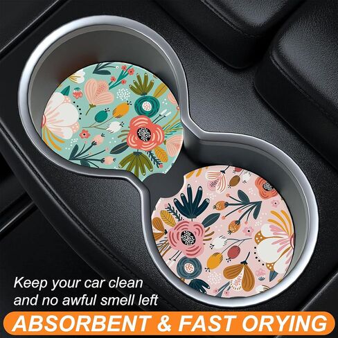 Car Cup Holder Coaster for Drinks,2 Pack Car Coasters for Cup Holder,Colorful Flowers and Berries Anti-Slip Absorbent Ceramic Car Cup Coasters with Cork Base for Drinks Coffee Women Men 2.56" in Saudi Arabia