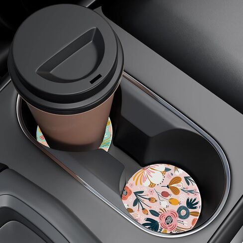 Car Cup Holder Coaster for Drinks,2 Pack Car Coasters for Cup Holder,Colorful Flowers and Berries Anti-Slip Absorbent Ceramic Car Cup Coasters with Cork Base for Drinks Coffee Women Men 2.56" in Saudi Arabia