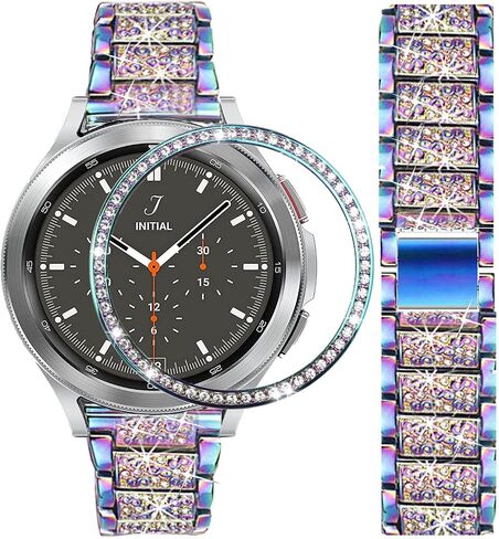 أحزمة متوافقة مع ساعة Samsung Galaxy Watch 4 الكلاسيكية مقاس 46 مم، سوار معدني من الألماس وحجر الراين اللامع مع غطاء حلقة إطارية للساعة وإكسسوارات بديلة للنساء والرجال. in Kuwait