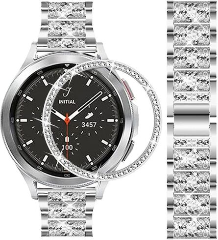 أحزمة متوافقة مع ساعة Samsung Galaxy Watch 4 الكلاسيكية مقاس 46 مم، سوار معدني من الألماس وحجر الراين اللامع مع غطاء حلقة إطارية للساعة وإكسسوارات بديلة للنساء والرجال. in Kuwait