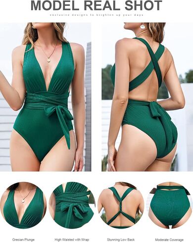 Women White One Piece Bathing Suit,High Waisted Tummy Control Swimsuit Deep Plunge V Neck Halter Cutout Monokinis in Saudi Arabia