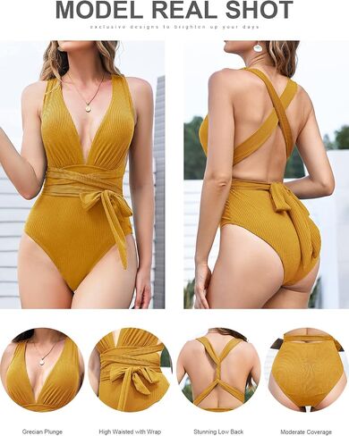 Women White One Piece Bathing Suit,High Waisted Tummy Control Swimsuit Deep Plunge V Neck Halter Cutout Monokinis in Saudi Arabia