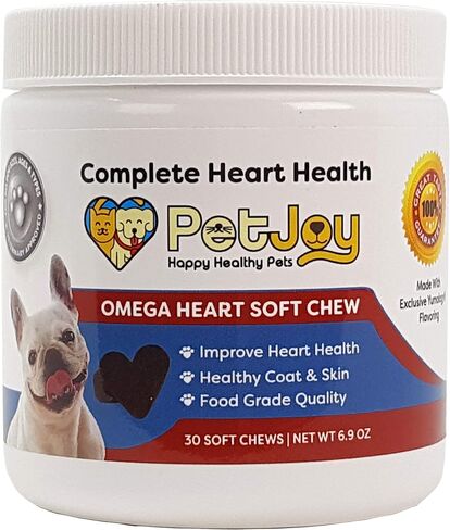 PetJoy صحة القلب الكاملة | أوميغا هارت مضغ ناعم | أحماض أوميغا 3 الدهنية EPA، DHA، فيتامين E | تقليل التساقط والحكة | مكمل لجلد ومعطف الكلب | المفاصل والدماغ وصحة القلب | 30 قيراط in Kuwait