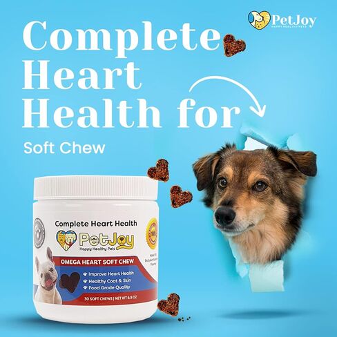PetJoy صحة القلب الكاملة | أوميغا هارت مضغ ناعم | أحماض أوميغا 3 الدهنية EPA، DHA، فيتامين E | تقليل التساقط والحكة | مكمل لجلد ومعطف الكلب | المفاصل والدماغ وصحة القلب | 30 قيراط in Kuwait