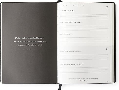 Mål Paper Daily Gratitude Journal - غلاف مقوى من جلد البولي يوريثان الأسود | دفتر يومي غير مؤرخ لمدة 6 أشهر | التأكيدات والاقتباسات والنوايا والتأمل ليلا ونهارا | لمسة نهائية يدوية، هدية فريدة للرجال والنساء in Kuwait