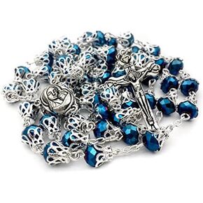 Deep Blue Glass Crystal Beads Rosary Necklace Holy Soil Medal Silver Plated New in Box in Saudi Arabia