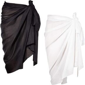 Chuangdi 2 Pack Women Sarong Swimsuit Coverups Chiffon Long Beach Sarong Wraps Bathing Suit Cover Up, Black and White in Saudi Arabia