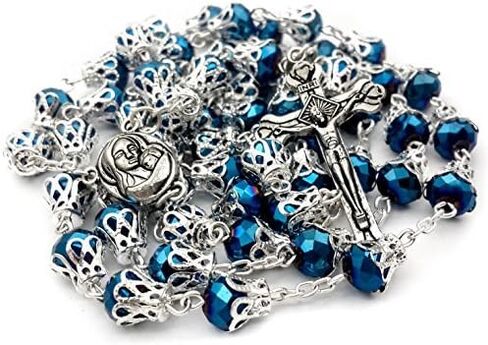 Deep Blue Glass Crystal Beads Rosary Necklace Holy Soil Medal Silver Plated New in Box in Saudi Arabia