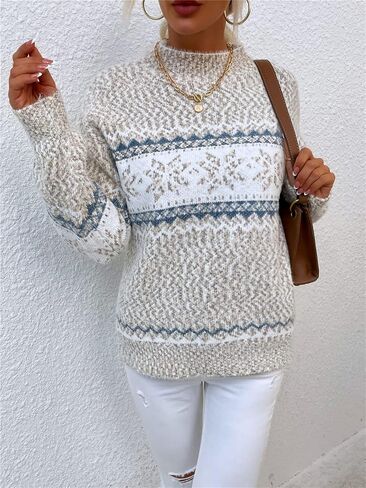 Women’s Snowflake Christmas Sweater Casual Long Sleeve Knitted Pullover Sweaters Crewneck Loose Jumper Tops in Saudi Arabia