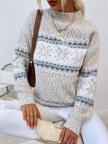 Women’s Snowflake Christmas Sweater Casual Long Sleeve Knitted Pullover Sweaters Crewneck Loose Jumper Tops in Saudi Arabia