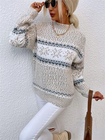 Women’s Snowflake Christmas Sweater Casual Long Sleeve Knitted Pullover Sweaters Crewneck Loose Jumper Tops in Saudi Arabia