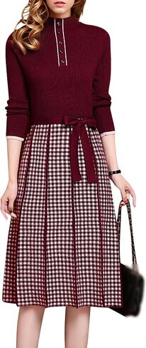 LAI MENG FIVE CATS Women's Elegant Long Sleeve Sweater Plaid Knit Pullover Fall Midi Dress in Saudi Arabia