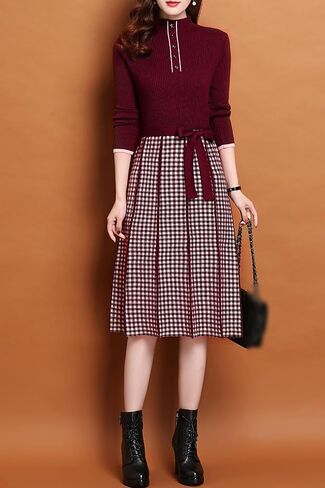 LAI MENG FIVE CATS Women's Elegant Long Sleeve Sweater Plaid Knit Pullover Fall Midi Dress in Saudi Arabia