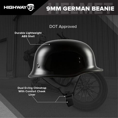 HIGHWAY 21 9-Millimeter German Beanie Helmet, Half Shell Motorcycle Gear, Black Safety Head Cover, Dual D-Ring Chinstrap in Saudi Arabia