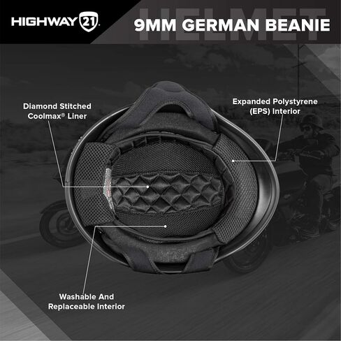 HIGHWAY 21 9-Millimeter German Beanie Helmet, Half Shell Motorcycle Gear, Black Safety Head Cover, Dual D-Ring Chinstrap in Saudi Arabia