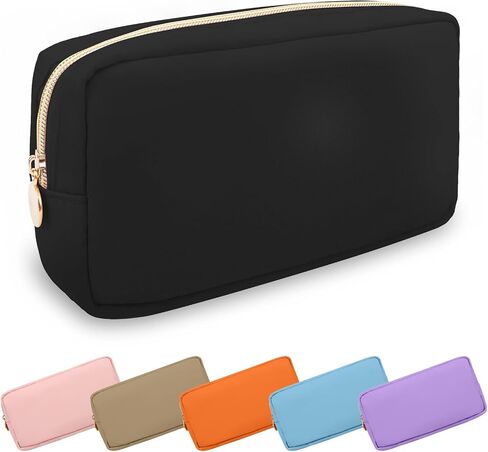 Waterproof Small Makeup Pouch for Purse,Nylon Travel Toiletry Storage Pouch Cute Preppy Cosmetic Bag for Women Girl,Waterproof Makeup Organizer Skincare Bag Purse with Zipper(Small-Black) in Saudi Arabia