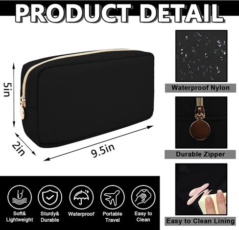 Waterproof Small Makeup Pouch for Purse,Nylon Travel Toiletry Storage Pouch Cute Preppy Cosmetic Bag for Women Girl,Waterproof Makeup Organizer Skincare Bag Purse with Zipper(Small-Black) in Saudi Arabia