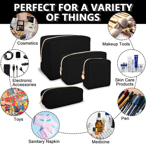 Waterproof Small Makeup Pouch for Purse,Nylon Travel Toiletry Storage Pouch Cute Preppy Cosmetic Bag for Women Girl,Waterproof Makeup Organizer Skincare Bag Purse with Zipper(Small-Black) in Saudi Arabia