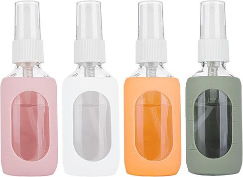 HOMBYS Empty Clear Glass 2oz Small Spray Bottles with Silicone Sleeve Protection - Refillable Containers for Travel, Cleaning Solutions, Essential Oils, Sanitizers - Fine Mist Spray - 4 Pack-Clear in Saudi Arabia