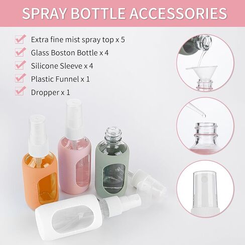 HOMBYS Empty Clear Glass 2oz Small Spray Bottles with Silicone Sleeve Protection - Refillable Containers for Travel, Cleaning Solutions, Essential Oils, Sanitizers - Fine Mist Spray - 4 Pack-Clear in Saudi Arabia