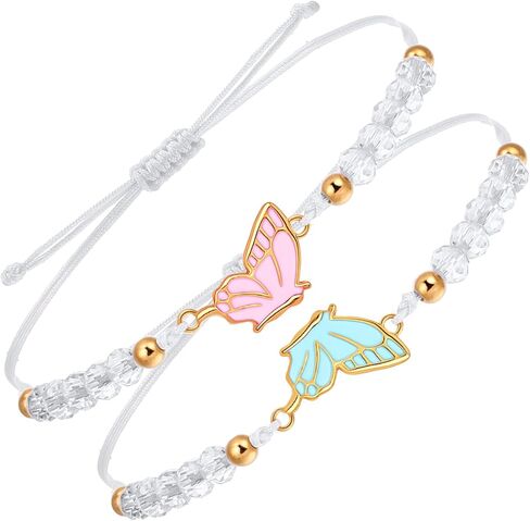 2pcs Matching Bracelets, Butterfly Friendship Bracelets Adjustable Strand Best Friends Bracelet BFF Bracelet, Handmade Charm Couples Jewelry Gifts for Women Couples Friend (Pink + Blue) in Saudi Arabia