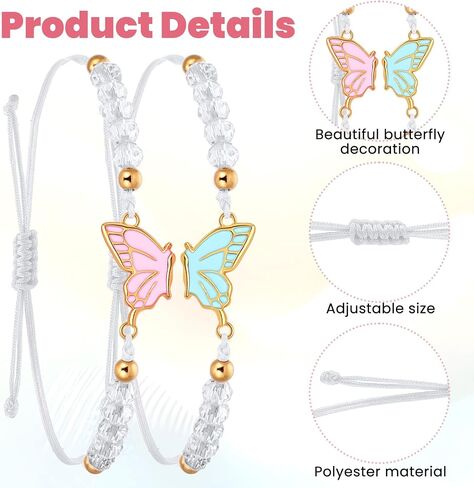 2pcs Matching Bracelets, Butterfly Friendship Bracelets Adjustable Strand Best Friends Bracelet BFF Bracelet, Handmade Charm Couples Jewelry Gifts for Women Couples Friend (Pink + Blue) in Saudi Arabia