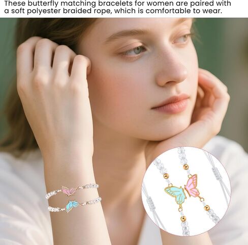 2pcs Matching Bracelets, Butterfly Friendship Bracelets Adjustable Strand Best Friends Bracelet BFF Bracelet, Handmade Charm Couples Jewelry Gifts for Women Couples Friend (Pink + Blue) in Saudi Arabia
