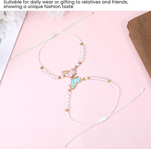 2pcs Matching Bracelets, Butterfly Friendship Bracelets Adjustable Strand Best Friends Bracelet BFF Bracelet, Handmade Charm Couples Jewelry Gifts for Women Couples Friend (Pink + Blue) in Saudi Arabia