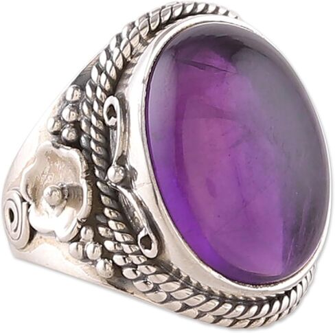 NOVICA Artisan Handmade Amethyst Cocktail Ring Cabochon .925 Sterling Silver Purple India Floral Birthstone 'Paradise Found' in Saudi Arabia