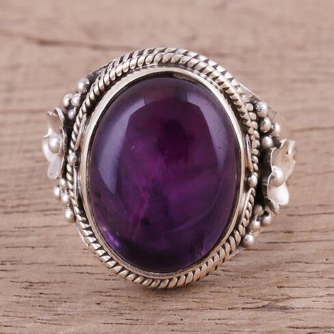 NOVICA Artisan Handmade Amethyst Cocktail Ring Cabochon .925 Sterling Silver Purple India Floral Birthstone 'Paradise Found' in Saudi Arabia