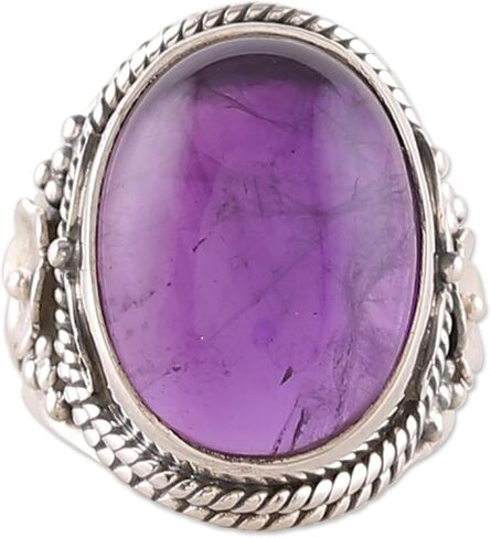 NOVICA Artisan Handmade Amethyst Cocktail Ring Cabochon .925 Sterling Silver Purple India Floral Birthstone 'Paradise Found' in Saudi Arabia