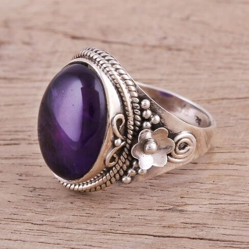 NOVICA Artisan Handmade Amethyst Cocktail Ring Cabochon .925 Sterling Silver Purple India Floral Birthstone 'Paradise Found' in Saudi Arabia