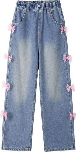 Rolanko Girls Jeans Denim Elastic Wasit Wide Leg Baggy Pants Kids Clothes 4-14 Years in Saudi Arabia