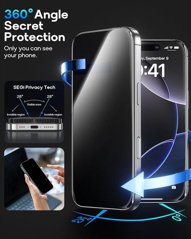 حامي شاشة الخصوصية 360 ° لـ iPhone 16 Pro Max ، التغطية الكاملة 9H+ صلابة الزجاج المقسى سهلة التثبيت المضاد للتجسس خالية من الفقاعات in Kuwait