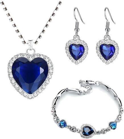 925 Sterling Silver Heart Necklace - Peach Heart Blue Crystal Zircon Jewelry for Women ، Titanic themed Wedding Complement Jewelry in Saudi Arabia