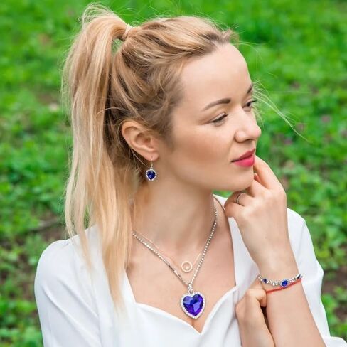 925 Sterling Silver Heart Necklace - Peach Heart Blue Crystal Zircon Jewelry for Women ، Titanic themed Wedding Complement Jewelry in Saudi Arabia