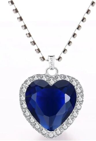 925 Sterling Silver Heart Necklace - Peach Heart Blue Crystal Zircon Jewelry for Women ، Titanic themed Wedding Complement Jewelry in Saudi Arabia