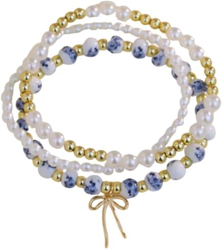 Pingyongchang 3pcs Bow Beaded Sharm Bracelet for Women Vintage Blue/Pink Folwer Porceled Bereded Sybled Handmade Gown in Kuwait