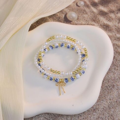 Pingyongchang 3pcs Bow Beaded Sharm Bracelet for Women Vintage Blue/Pink Folwer Porceled Bereded Sybled Handmade Gown in Kuwait