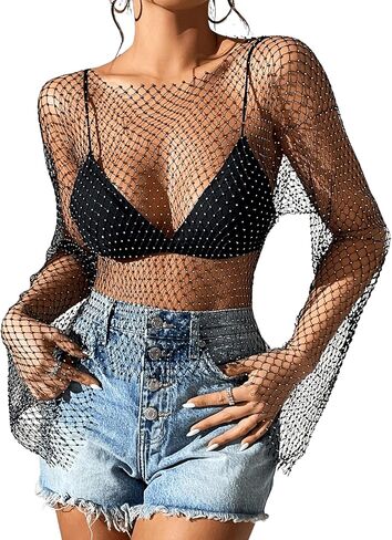 Floerns Women's Fishnet Rhinestone sheer Bell Sleeve Long Cover Up Crop Party Party Pluse Tops in Saudi Arabia