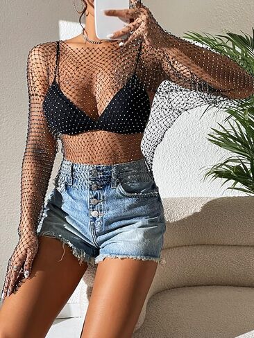 Floerns Women's Fishnet Rhinestone sheer Bell Sleeve Long Cover Up Crop Party Party Pluse Tops in Saudi Arabia