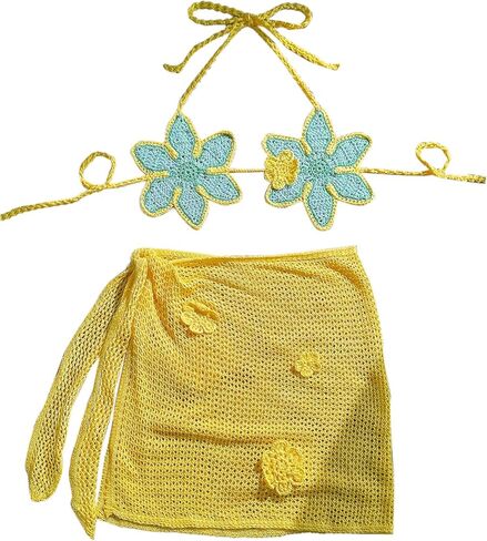 MakeMeChic Women's Crochet Cover Ups 3D Floral Halter Tie Back Beach Bathing Suit Cover Up in Kuwait