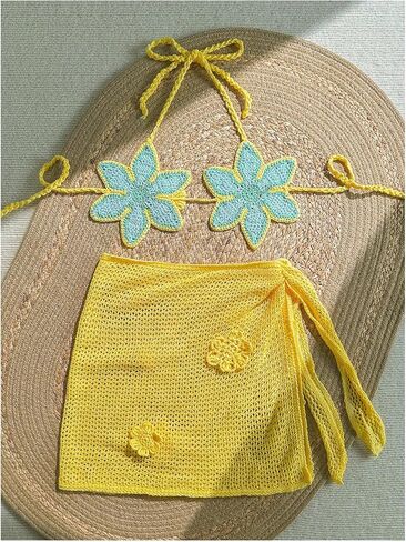 MakeMeChic Women's Crochet Cover Ups 3D Floral Halter Tie Back Beach Bathing Suit Cover Up in Kuwait