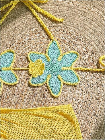 MakeMeChic Women's Crochet Cover Ups 3D Floral Halter Tie Back Beach Bathing Suit Cover Up in Kuwait